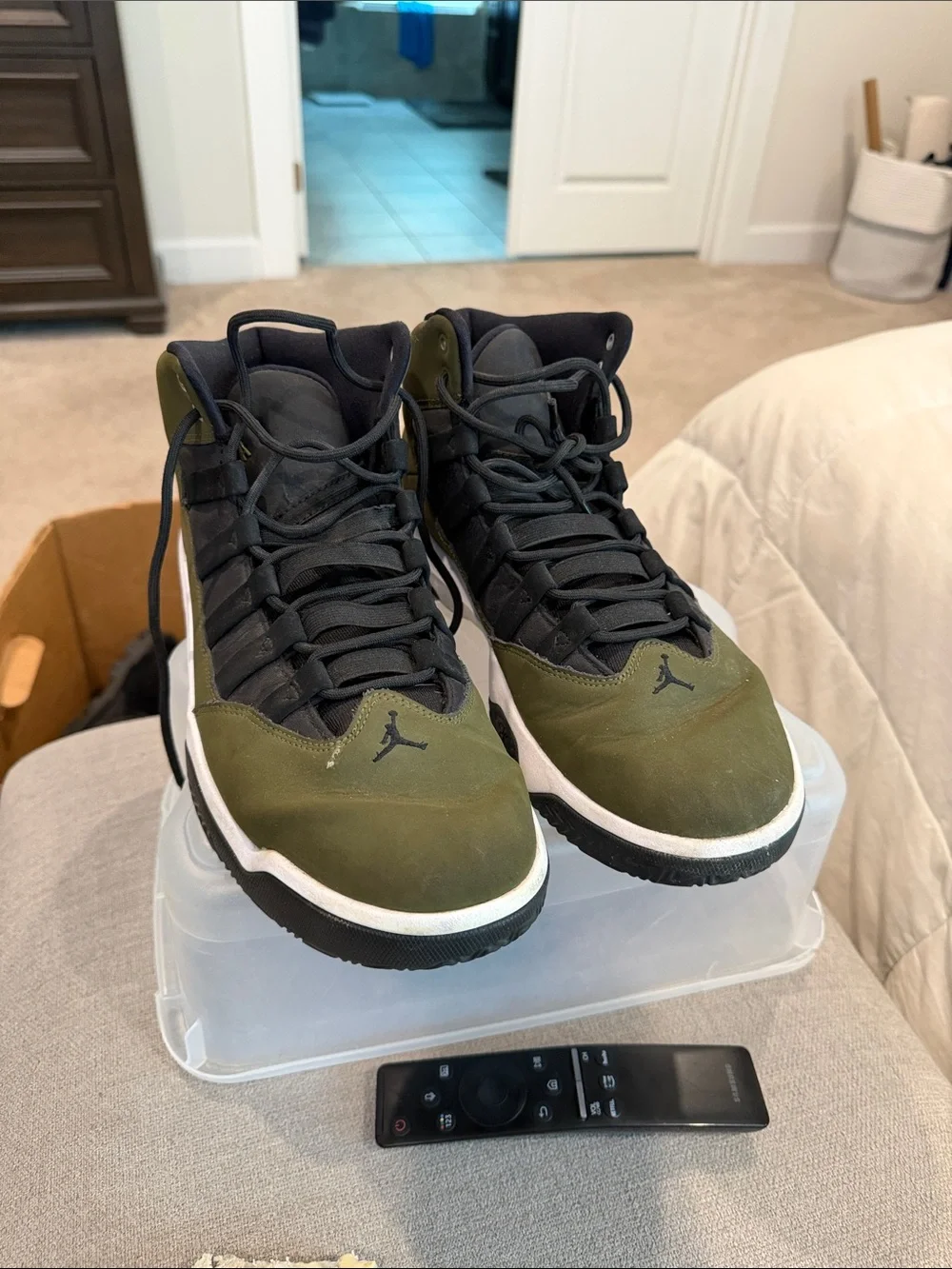 Jordan Max Aura Green Camo and Black High-Top Basketball Sneakers
